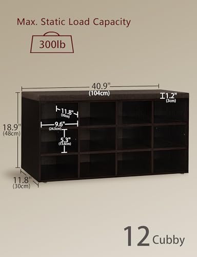 DINZI LVJ Shoe Storage Bench with Cushion, Cubby Shoe Rack with 12 Cubbies, Adjustable Shelves, Multifunctional Shoe Organizer Bench for Entryway, Mudroom, Hallway, Closet and Garage, Espresso - color: Espresso, size: 12 Cubby