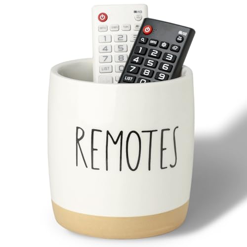 LEETOYI Ceramic Remote Caddy Storage, 4.8 Inch Remote Control Holder, Farmhouse Organizer for Pen Holder, Makeup Brush Holder, Office Supplies, White/Brown