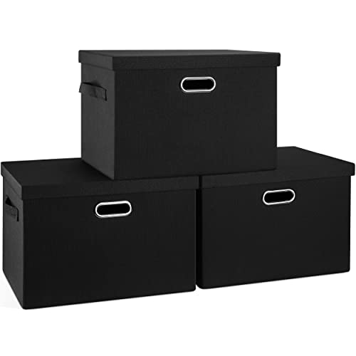 Graciadeco Large 17" 36 Quart Collapsible Stackable Storage Bins with Lids, 3 Packs Black Linen Fabric Closet Boxes with Lids, Storage Cube Baskets Container Organizers for Bedroom Office(17 x12 x11) - color: Black, size: Large -3 Pack