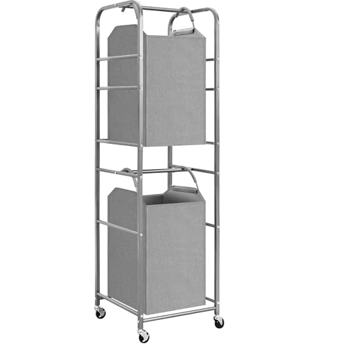 STORAGE MANIAC 2 Tier Vertical Laundry Hamper, 2 Section Laundry Sorter with 2 Removable Tote Bags, Rolling Clothes Basket for Towels, Blankets, Tall Dirty Clothes Hamper for Closet, Bathroom, 2 Bags - size: 2 Section