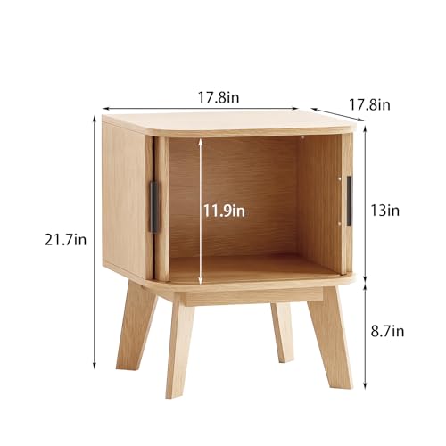 Fluted Nightstand with Sliding Tambour Doors, Curved Edge Wood Bedside Table for Bedroom, Side Tables with Storage for Living Room (1, Square - Oak) - color: Square - Oak