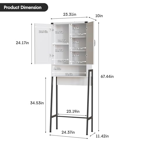Over The Toilet Storage Cabinet with 2-Door Design Bathroom Organizers and Storage with Anti-Tip Device Over Toilet Organizer with Shelves for Bathroom,Restroom,Laundry White - color: White