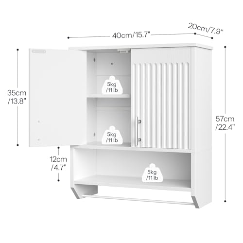 HOOBRO Fluted Bathroom Wall Cabinet, Farmhouse Medicine Cabinet with 2 Fluted Doors, Wall Storage Shelf with Towel Rack, Adjustable Shelf, for Small Spaces, Bathroom, Kitchen, White - color: White, size: 15.7"L x 7.9"W x 22.4"H
