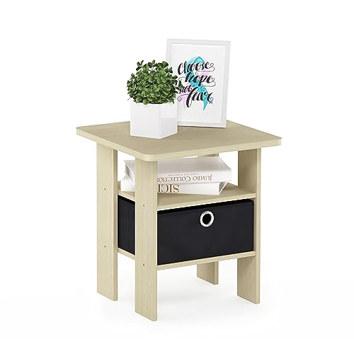 Furinno ANDREY Side Table, End Table, Night Stand with Open Shelves and Storage Bin, Bedside Table, for Living Room, Bedroom, Steam Beech - color: Steam Beech/Black, size: 1-Pack, Center Bin