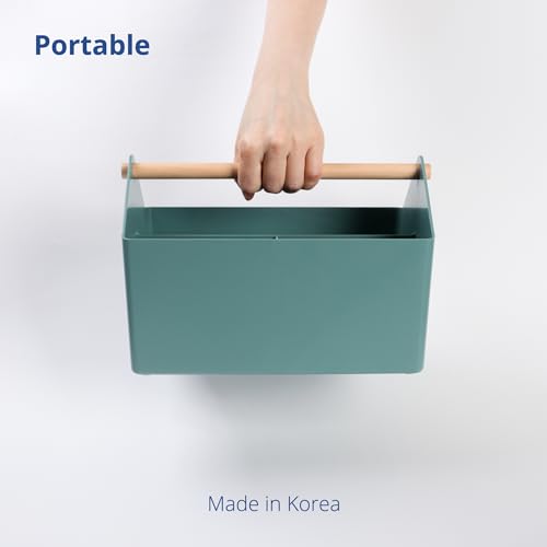 BLUE GINKGO Medium Storage Basket – Plastic Caddy with Wooden Handle for Office, Arts & Crafts, or Home Supplies (Green) - color: GREEN, size: Medium