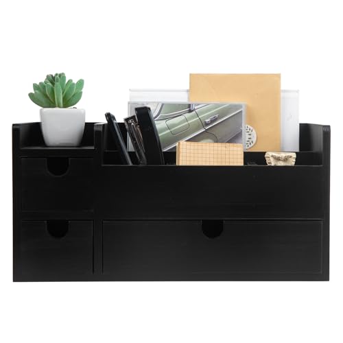 Vintage Black Wooden Desktop Organizer Removable Drawers Office Supplies Wood Storage Cabinet Caddy Box Stationery Pencil Slots Mail Holder Note Pads Accessories Home Makeup Tools Cosmetics