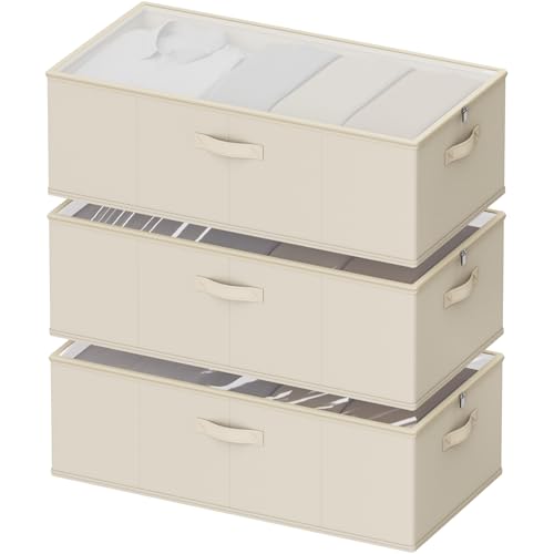 10inch 3 Pack Under Bed Storage Containers, 10 Inch Tall Underbed Clothes Storage Organizer Bin with Clear Window，Foldable Box Basket for Clothes, Closet, Bed Sheets and Blankets Beige - color: Beige