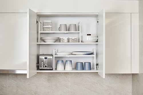 Nxconsu Cabinet Shelf Expandable Height Adjustable Shelf Organizer Riser for Kitchen Cabinet Pantry Cupboard Under Sink Countertop Organization Storage Space Saver Stackable Heavy Duty Metal White XXL - color: White, size: 12’’D * 13.8-24.8’’W * 9.7’’H