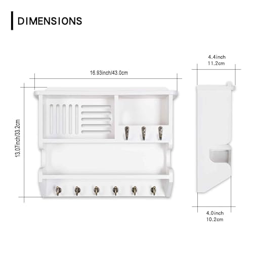 Key Holder for Wall, Mail and Key Holder for Home Decor, Key and Mail Holder for Wall with Key Hooks, White - color: White