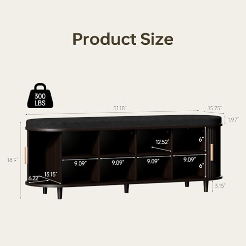 DHH 2-Tier Storage Bench,Wide Shoe Bench with Thickened Padded Seat Cushion, Mid Century Modern Fluted Sliding Door and Adjustable Shelf, for Entryway, Living Room, Bedroom (Dark Walnut, 51.2”) - color: Dark Walnut, size: 51.2 inch