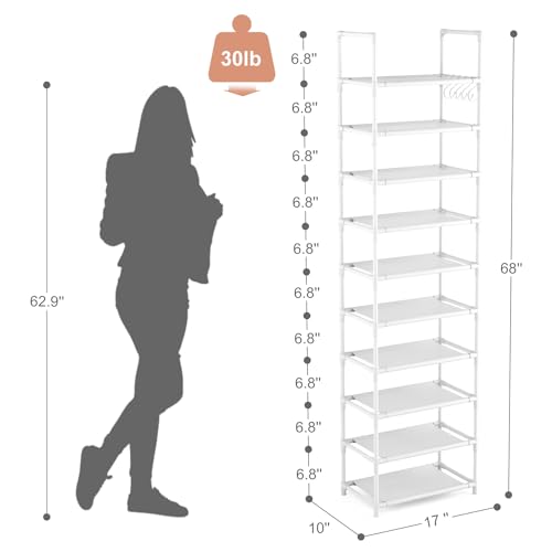 LANTEFUL 10 Tiers Tall Shoe Rack 20-25 Pairs Boots Organizer Storage Sturdy Narrow Shoe Shelf for Entryway, Closets with Hooks, White - color: White, size: 10 Tier-68" High-17" Wide