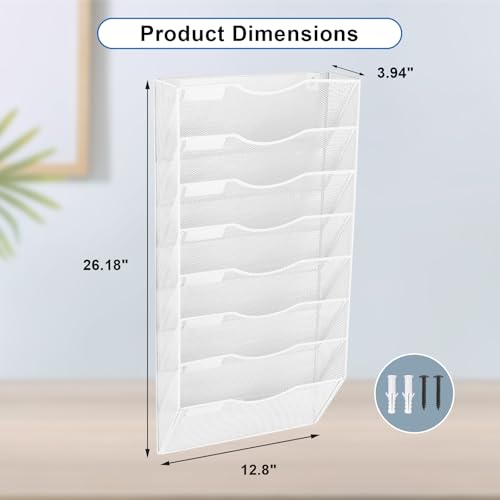 EASEPRES 8 Pocket Mesh Hanging Wall File Organizer, Wall Mounted Mail Paper Document Folder Holder, Clipboard Storage Organization Magazine Rack with Nametag Label for Office Home School, White - color: White, size: 8 Tier