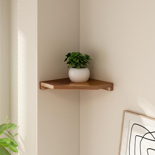 2 Pcs Floating Corner Shelves for Bathroom, Kitchen or Living Room Decor, Wooden Wall Mounted Shelves, Natual Teak