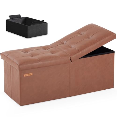 HAUSFRAU 31.5 Inches Ottoman with Storage, Folding Ottoman Bench Small Foot Rest Stool, Bedroom Bench with Flipping Lid, Faux Leather Retro Brown - color: Retro Brown, size: 13"D x 31.5"W x 13"H