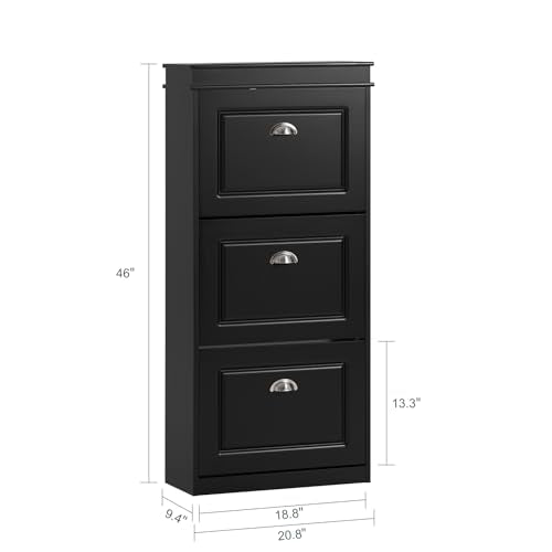 Haotian FSR94-SCH, Black Shoe Cabinet with 3 Flip Drawers, Freestanding Shoe Rack, Shoe Storage Rack(9.4" D x 20.9" W x 46.1" H) - color: Black, size: 3 Drawers:20.8x9.4x46"