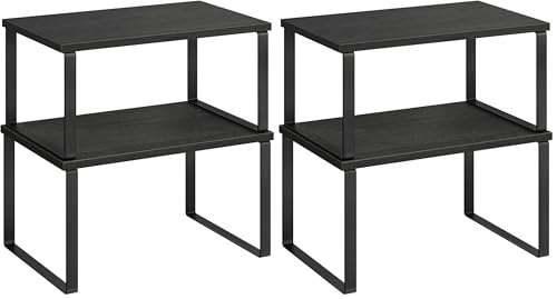 SONGMICS Cabinet Organizer Shelf, Set of 2 Kitchen Counter Shelves, Kitchen Storage, Spice Rack, Stackable, Expandable, Metal and Engineered Wood, Ink Black and Charcoal Black UKCS02B01 (Pack of 2) - color: Ink Black + Charcoal Black, size: 11.7"W (Pack o