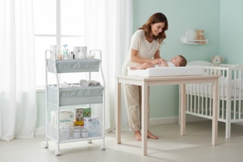 Moteph Rolling Utility Cart with Wheels, 3-Tier Diaper Cart, Rolling Nursery Cart & Baby Caddy Organizer for Nursery Essentials, Bedside/Postpartum Cart, Craft & Art Storage, Rolling Book Cart - size: WITHOUT_SIDE_STORAGE