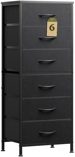 WLIVE Tall Black Dresser for Bedroom, 6 Drawer Vertical Fabric Dresser, Skinny Chest of Drawers for Closet, Narrow Storage Tower with Wood Top and Metal Frame, Tall Nightstand for Small Spaces - color: Black, size: 11.73"D x 15.67"W x 39.37"H