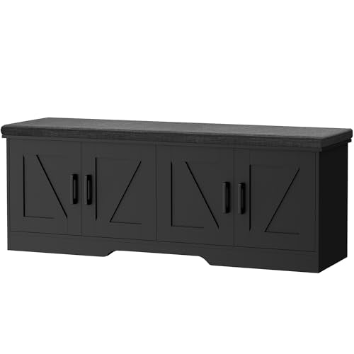 HOMSHO 2-Tier Storage Bench, 47.2" Wide Shoe Bench with Padded Seat Cushion, Entryway Bench with 4 Barn Doors and Adjustable Shelf, Black - color: Black, size: 47.2" Wide