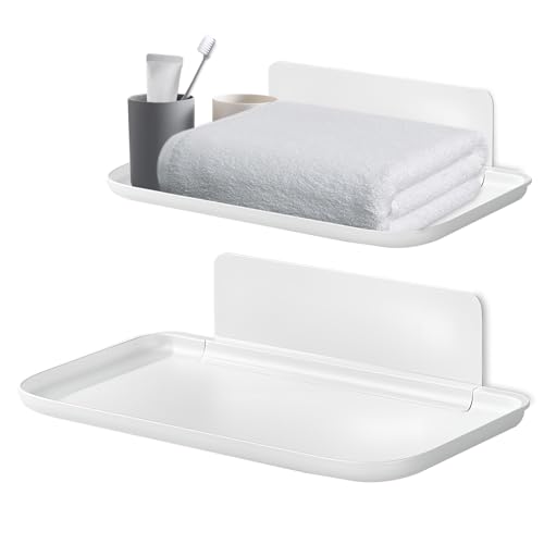 2 Pack White PP Folding Wall Shelf, 6.8" x 4.3" & 11" x 6.3" Foldable Adhesive Shelves, Small Fold-Down Wall Storage Tray for Bathroom Toilet Kitchen Phone Towel