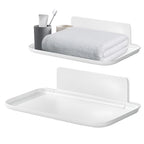 2 Pack White PP Folding Wall Shelf, 6.8" x 4.3" & 11" x 6.3" Foldable Adhesive Shelves, Small Fold-Down Wall Storage Tray for Bathroom Toilet Kitchen Phone Towel