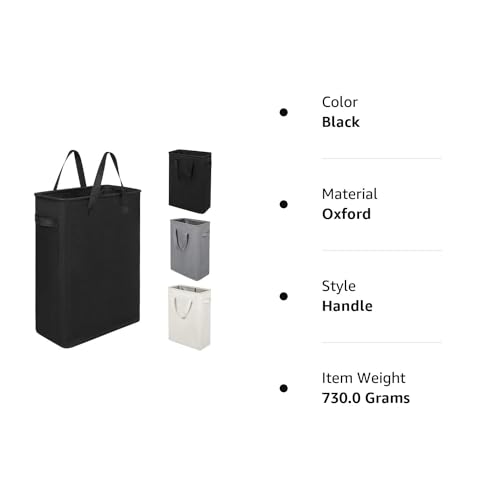 ZERO JET LAG Slim Laundry Hamper With Handles Collapsible Laundry Basket Thin Dirty Clothes Basket Narrow Laundry Bag Foldable Dirty Clothes Hamper 45L (24 inches,Black) - color: Black- With Handles