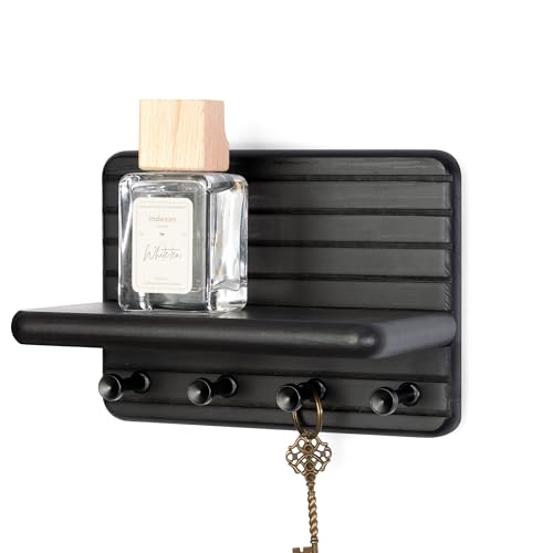 Rebee Vision Small Key Holder Wall Mount for Home Decor – Modern 7-inch Key Rack for Wall with 4 Sturdy Hooks & Mini Floating Shelf - Ideal Home Organization Solution for Small Space (Black) - color: Black, size: Small-7inch