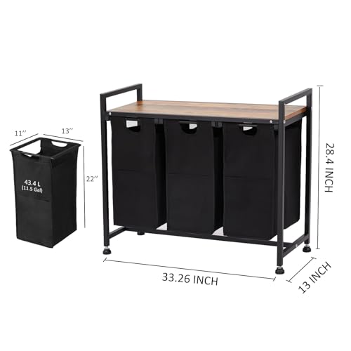 Laundry Sorter 3 Section, Laundry Hamper with Wheels, 3 × 11.5 Gal (130L), Rolling Laundry Basket, Pull-Out and Removable Oxford Fabric Laundry Bags, Black - size: 33.3''L x 13''W x 28.4''H