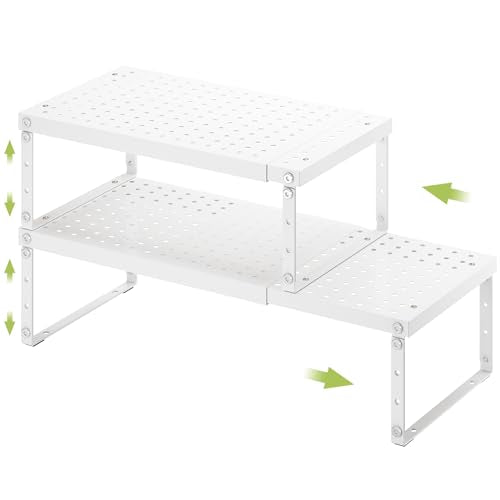 RUILALIFE Expandable Cabinet Organizer Shelf With Adjustable Height, Stackable Kitchen Countertop Organizer Rack, Adjustable Shelf Riser For Kitchen Counter, Pantry, Cupboard, Desk, Tabletop - color: White-2 Pack