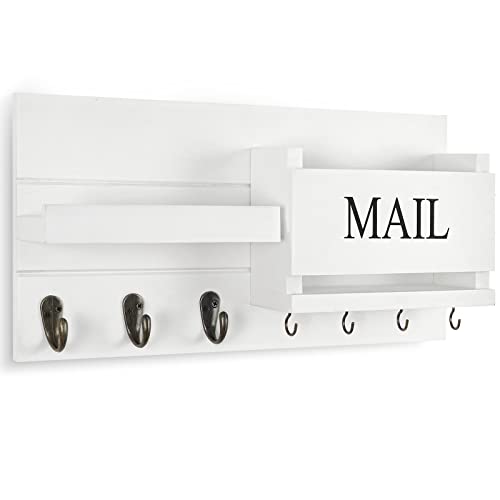 Lwenki Mail Organizer for Wall Mount – Key Holder with Shelf Includes Letter Holder and Hooks for Hallway Farmhouse Decor – Rustic Wood with Flush Mounting Hardware (16.5” x 9.1” x 3.4”) (White) - color: White