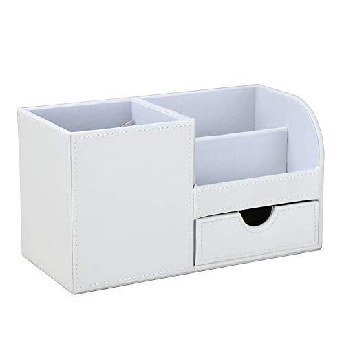 KINGFOM Desk Organizer Office Supplies Caddy Pu Leather Multi-function Storage Box Pen/Pencil,Cell phone, Business Name Cards Remote Control Holder with Small Drawer White - color: White