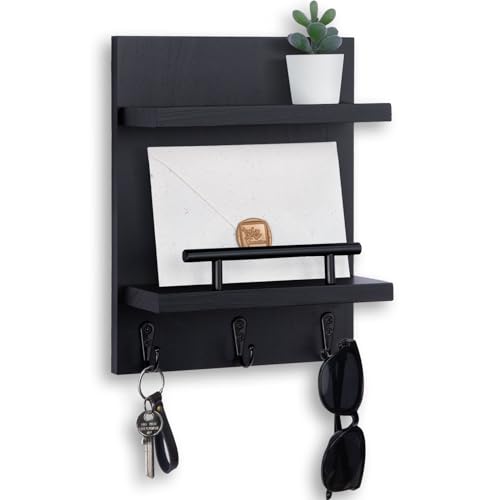 Key Holder Wall Mount, Mail Shelf Decor with 3 Key Hooks, Versatile Wood Wall Organizer for Entryway Hallway (8.2” x 10.6”x 3.6”) (Black) - color: Black