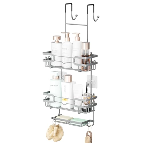 SWTYMIKI Over the Door Shower Caddy Hanging with Double Soap Holder, Hanging Shower Organizer with 16 Hooks, No Drilling Shower Shelves Over Door, Bathroom Rack and Storage, Silver - color: Silver