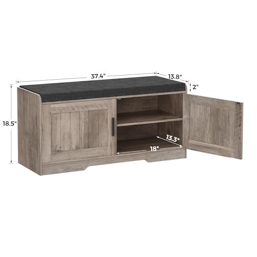 Homleke 2-Tier Storage Bench, Shoe Bench with Thickened Padded Seat Cushion, Entryway Bench with 2 Doors, Adjustable Shelf, 13.8" D x 37.4" W x 18.5" H, for Entryway, Living Room, Bedroom, Greige - color: Greige, size: 37.4"