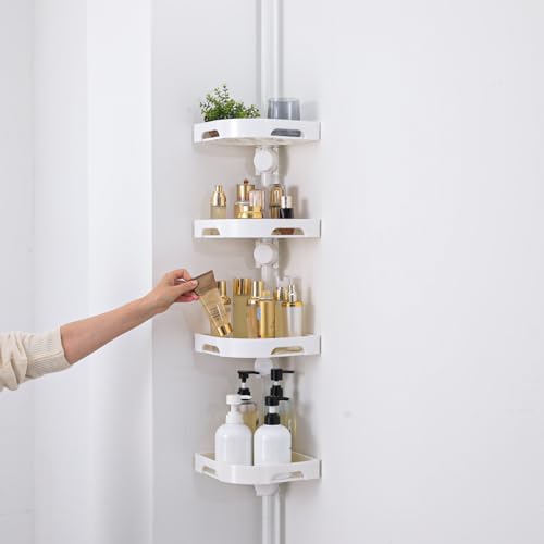 akinbas Tension Pole Shower Caddy Organizer with 4 Tier L-Shaped Rust Resistant Bathroom Corner Shelves with 34-124 Inch Adjustable No Drilling Quick Install Shower Rack for Bath Essentials (White) - color: White, size: 4 Tier-Standard