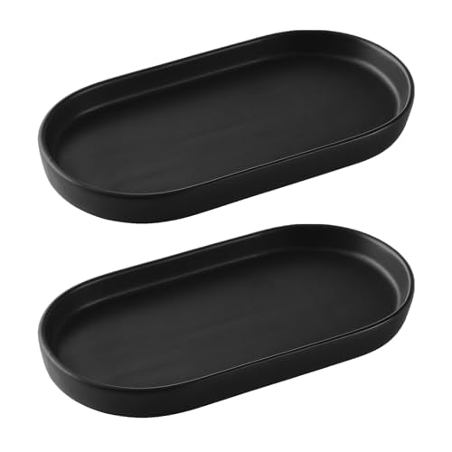 2 Pack Matte Black Round Soap Dispenser Tray - 8'' Ceramic Vanity Tray & Organizer Plate Set, Bathroom & Kitchen Countertop Decor for Soap Dispenser, Jewelry, Cosmetics, Sink - color: Black - 2 Pack