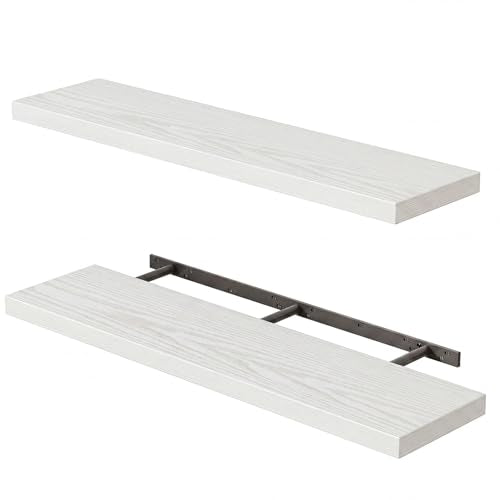 Fixwal Floating Shelves for Wall, 35" Long Heavy Duty Wall Mounted Rustic Wood Shelves for Living Room, Bedroom, Bathroom and Kitchen, for Storage, Books, Room Decor (White, Set of 2) - color: White, size: 35in