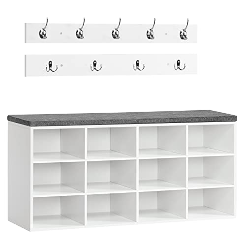 HOOBRO Shoe Storage Bench with Cushion, 39.4" L Entryway Bench with 12 Cubbies, Entryway Hall Tree with Storage, Cubby Shoe Rack Bench with Coat Rack for Hallway, Holds up to 330 lb, White WT112HX01 - color: White + Gray