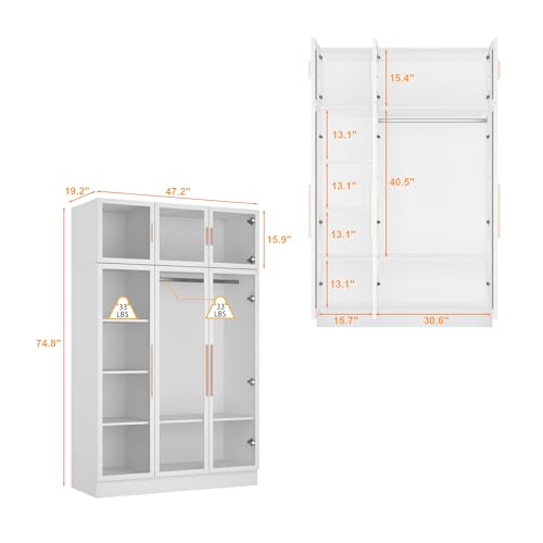 Hitow Wardrobe Cabinet with LED Lights, Armoire Closet with Glass Doors, Wooden Large Wardrobe with Hanging Rod & 5 Tiers Shelf, Modern Bedroom Armoire Clothes Organizer, White 47.2" W - color: 3 Door - White