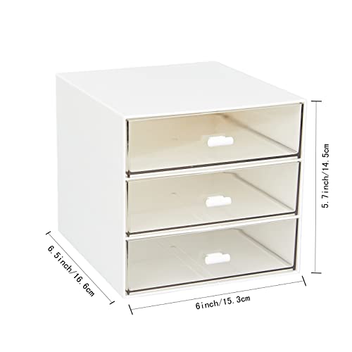 Desk Organizer with 3 Drawers, Clear Plastic Desk Storage Box, Desktop Organization for Office Supplies, Gel Pens, Pencils, Markers, Tape, Erasers, Paperclips, Chargers (White-3 Draws)