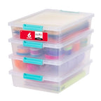 IRIS USA 6 Qt. Craft Storage Bins with Lids, 4-Pack, |Made in USA|, Clip Box, Small Plastic Sensory Bin Tote Organizer Containers for Art Supplies, Paper, & Office, Stackable - Clear/Seafoam Blue - size: 6 Qt. - 4 Pack