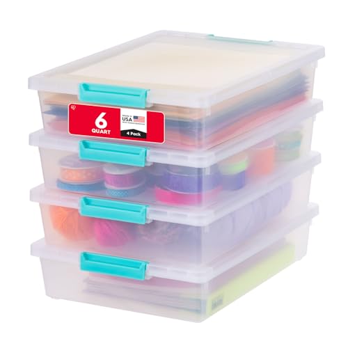 IRIS USA 6 Qt. Craft Storage Bins with Lids, 4-Pack, |Made in USA|, Clip Box, Small Plastic Sensory Bin Tote Organizer Containers for Art Supplies, Paper, & Office, Stackable - Clear/Seafoam Blue - size: 6 Qt. - 4 Pack