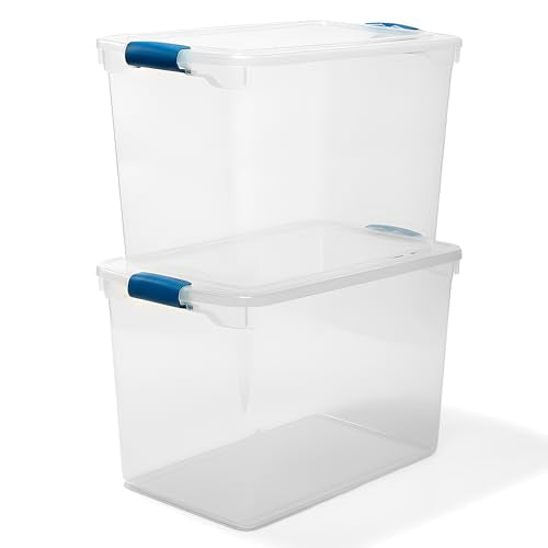 HOMZ 2-Pack Latching Lid, Clear Plastic Storage Organizer Bins, 112 Quart, Blue Latch - Stackable Organizing Containers for Home, Garage, and Office - color: Blue, size: 112 QT (2 Pack)