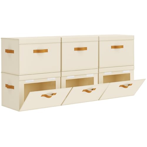 Homsorout Large Storage Bins with Lids - Front Opening Fabric Storage Bins, Flap Closet Organizer with Handles, Collapsible Boxes with Lid, Decorative Basket for Home, Dorm, 6 Pack, Beige - color: Beige, size: 16.5 Inch-6 Pack