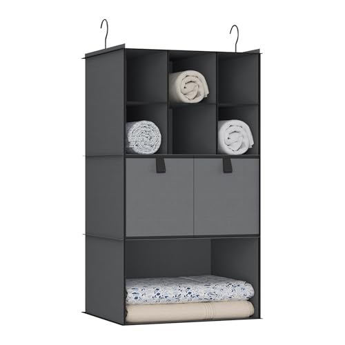 Hanging Closet Organizer 4 Shelves, 2 Drawers Closet Organization and Storage, 6 Compartments Wardrobe Clothes Organizer, Dark Gray