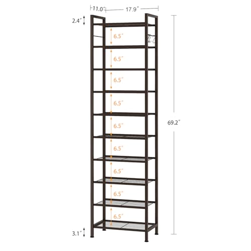 usikey 10 Tiers Narrow Shoe Rack 20-30 Pairs, Sturdy Metal Tall Shoe Rack Shelf with 4 Hooks, Slim Shoe Storage with Metal Shelf, Space Saving Vertical Shoe Organizer for Entryway Bronze UNYXJX018A - color: 10 Tier ( 17.9 X 11 X 69.2 Inches)-bronze