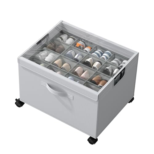 HOUSE AGAIN Shoe Organizer for Closet, Foldable Shoe Storage Organizer Box with Wheels and Adjustable Dividers, Sturdy Metal Frame Fits up to 16-32 Pairs, Large Shoes Storage with Clear Cover - size: 1 Pack