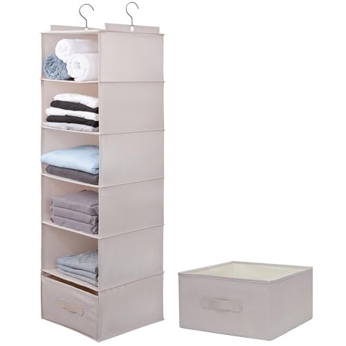 Large Hanging Sweater Organizer for Closet,Collapsible 6-Shelf Hanging Closet Shelves with Drawers, Washable (Beige -6 Shelf-1 d) - color: Beige, size: 6 Shelf with 1 drawers