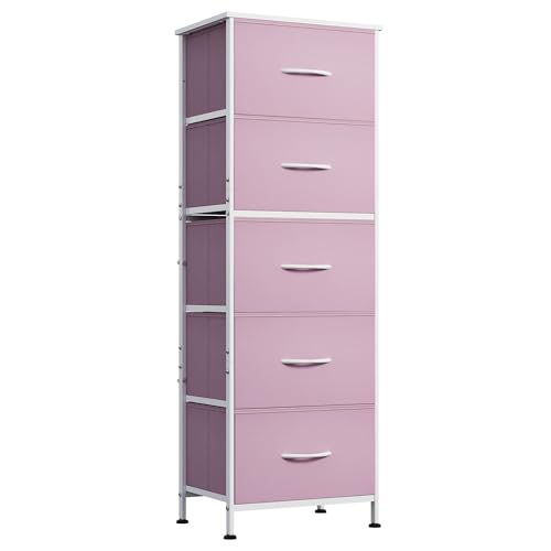 WLIVE Fabric Dresser for Bedroom, 5-Drawer Tall Dressers, Storage Organizer with Fabric Bins, Wood Top, Sturdy Steel Frame, Chest of Drawers for Closet, Hallway, Cloudy Pink - color: Cloudy Pink