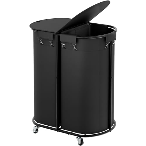 200L Double Laundry Hamper with Lid and Wheels, Large Oval Rolling Laundry Basket 2 section, Sturdy Metal Laundry Cart with 2 Removable Bags, Dirty Clothes Organizer for Home, Dorm, Black - color: Black, size: 200L(24.8"L x 16.9"W x 31.5"H)